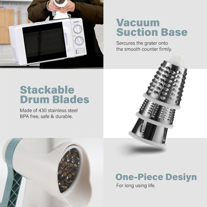 Rotary Cheese Grater Hand Crank, 5 blades Cheese shredder, Stronger Suction, Easy to Clean for Fruit, Vegetables, Nuts, Black