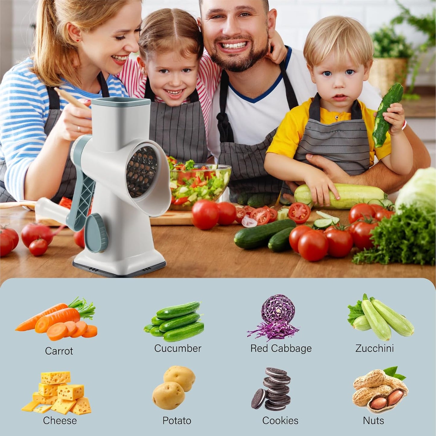Rotary Cheese Grater Hand Crank, 5 blades Cheese shredder, Stronger Suction, Easy to Clean for Fruit, Vegetables, Nuts, Black