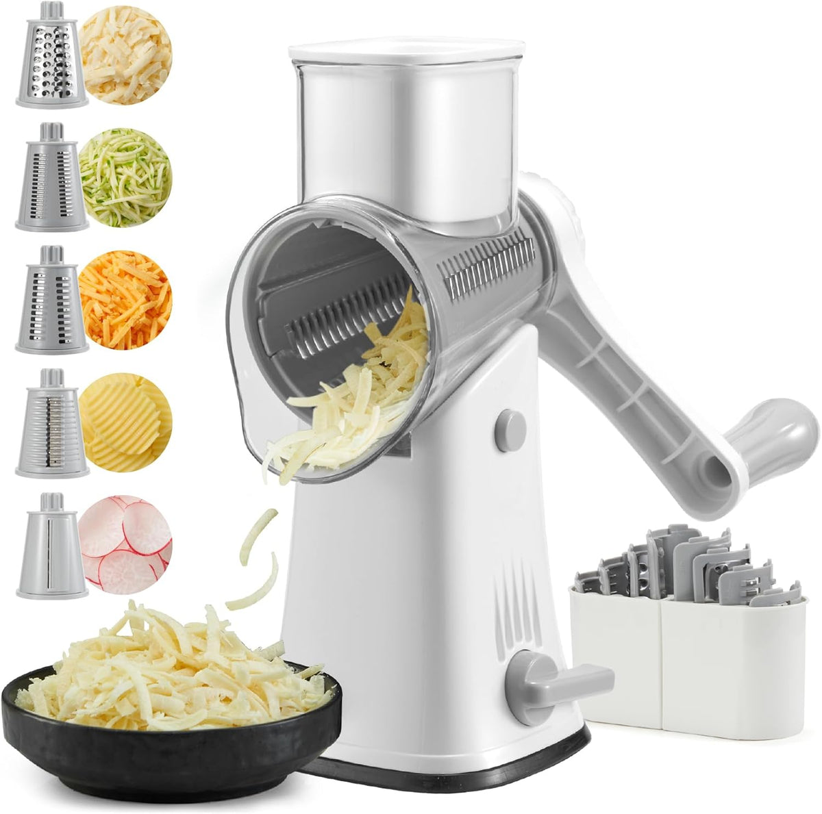 Rotary Cheese Grater Hand Crank, 5 blades Cheese shredder, Stronger Suction, Easy to Clean for Fruit, Vegetables, Nuts, Black