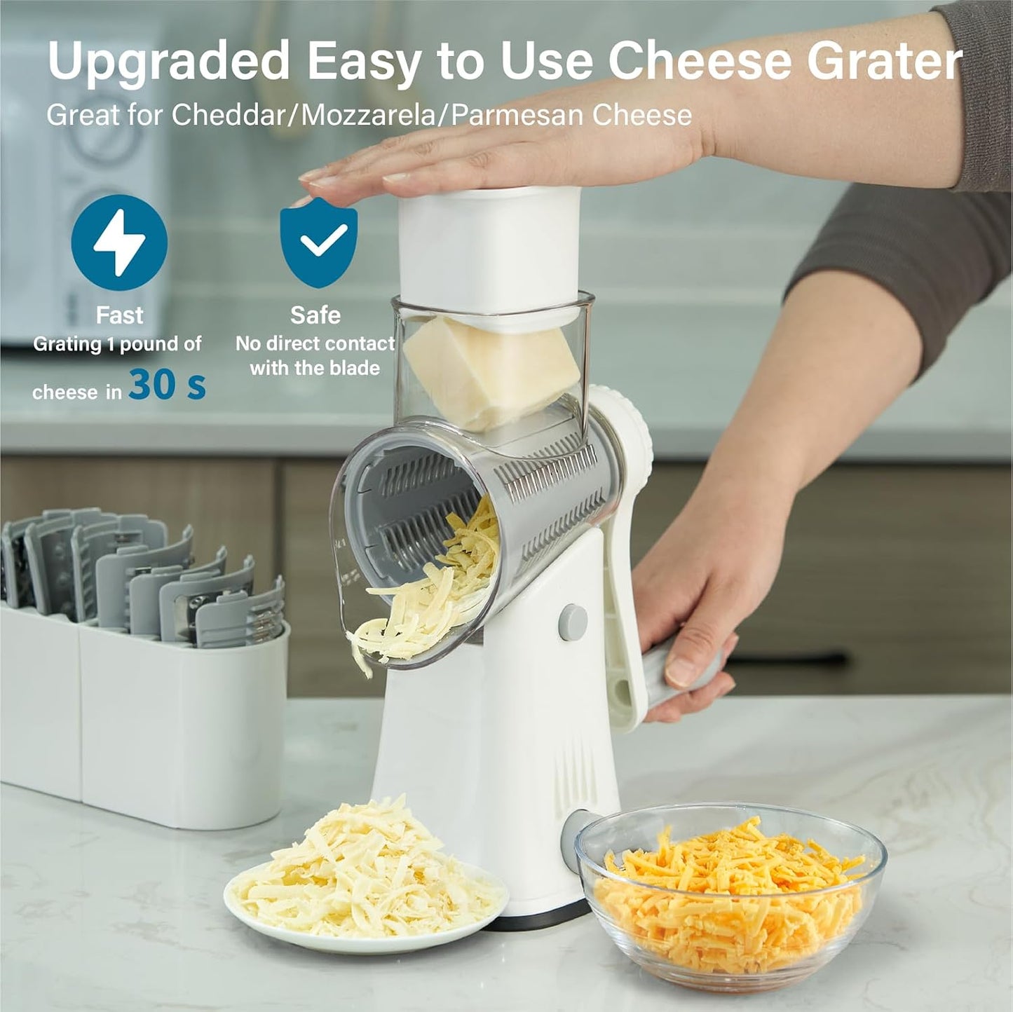 Rotary Cheese Grater Hand Crank, 5 blades Cheese shredder, Stronger Suction, Easy to Clean for Fruit, Vegetables, Nuts, Black
