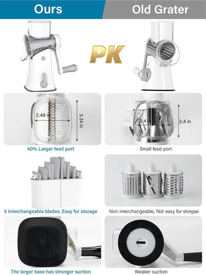 Rotary Cheese Grater Hand Crank, 5 blades Cheese shredder, Stronger Suction, Easy to Clean for Fruit, Vegetables, Nuts, Black
