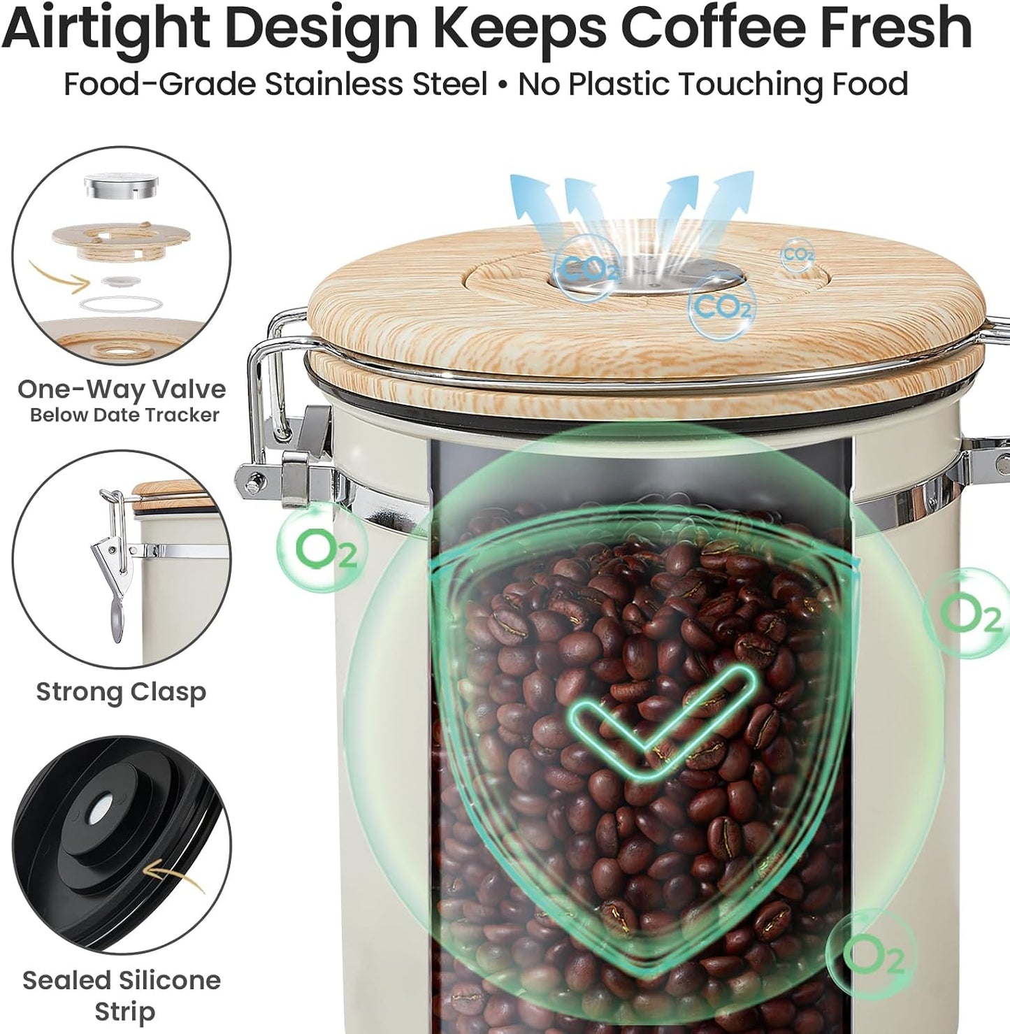 Coffee Canister, Airtight Stainless Steel Kitchen Food Storage Container with Date Tracker and Scoop for Beans, Grounds, Tea, Flour, Cereal, Sugar, Cookie, 16OZ, Cream
