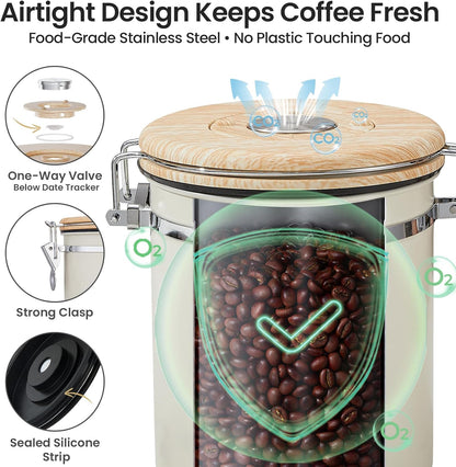 Coffee Canister, Airtight Stainless Steel Kitchen Food Storage Container with Date Tracker and Scoop for Beans, Grounds, Tea, Flour, Cereal, Sugar, Cookie, 16OZ, Cream