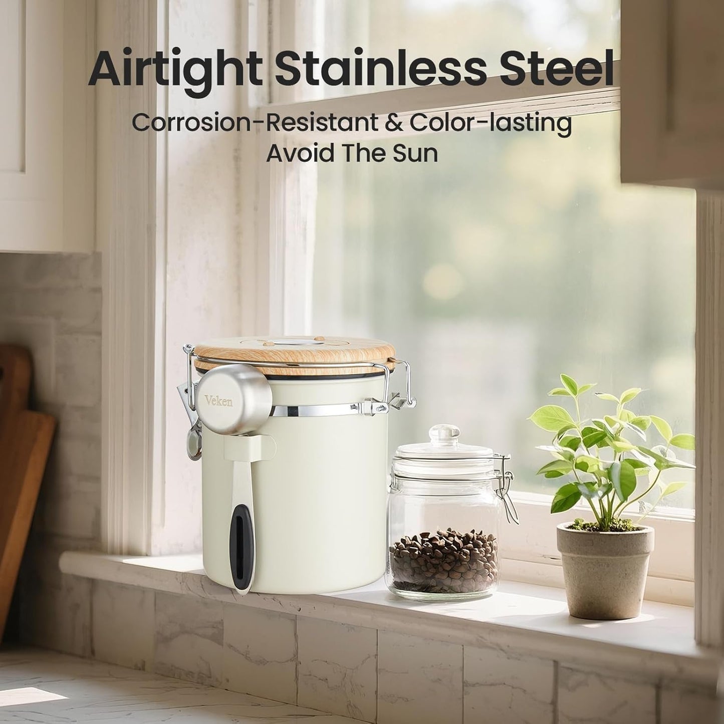 Coffee Canister, Airtight Stainless Steel Kitchen Food Storage Container with Date Tracker and Scoop for Beans, Grounds, Tea, Flour, Cereal, Sugar, Cookie, 16OZ, Cream