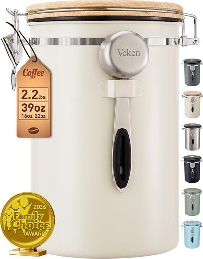 Coffee Canister, Airtight Stainless Steel Kitchen Food Storage Container with Date Tracker and Scoop for Beans, Grounds, Tea, Flour, Cereal, Sugar, Cookie, 16OZ, Cream