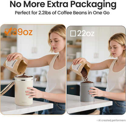 Coffee Canister, Airtight Stainless Steel Kitchen Food Storage Container with Date Tracker and Scoop for Beans, Grounds, Tea, Flour, Cereal, Sugar, Cookie, 16OZ, Cream