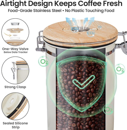 Coffee Canister, Airtight Stainless Steel Kitchen Food Storage Container with Date Tracker and Scoop for Beans, Grounds, Tea, Flour, Cereal, Sugar, Cookie, 16OZ, Cream