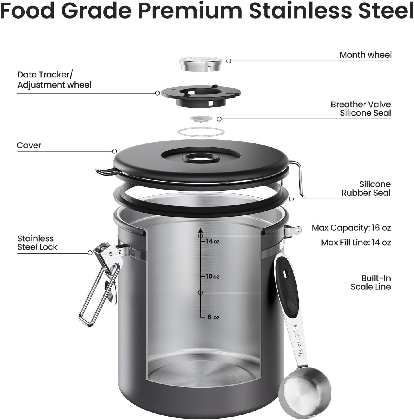 Coffee Canister, Airtight Stainless Steel Kitchen Food Storage Container with Date Tracker and Scoop for Beans, Grounds, Tea, Flour, Cereal, Sugar, Cookie, 16OZ, Cream