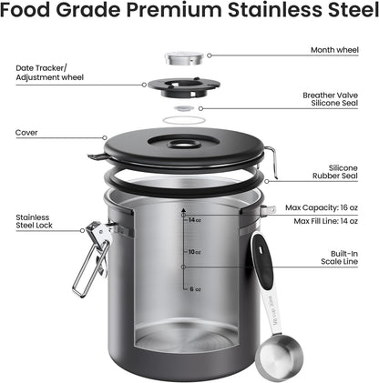 Coffee Canister, Airtight Stainless Steel Kitchen Food Storage Container with Date Tracker and Scoop for Beans, Grounds, Tea, Flour, Cereal, Sugar, Cookie, 16OZ, Cream