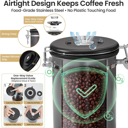Coffee Canister, Airtight Stainless Steel Kitchen Food Storage Container with Date Tracker and Scoop for Beans, Grounds, Tea, Flour, Cereal, Sugar, Cookie, 16OZ, Cream