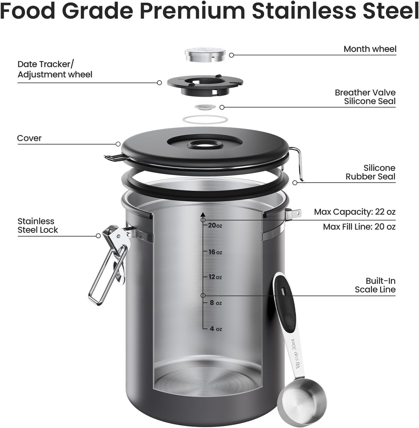 Coffee Canister, Airtight Stainless Steel Kitchen Food Storage Container with Date Tracker and Scoop for Beans, Grounds, Tea, Flour, Cereal, Sugar, Cookie, 16OZ, Cream