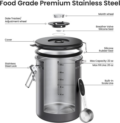 Coffee Canister, Airtight Stainless Steel Kitchen Food Storage Container with Date Tracker and Scoop for Beans, Grounds, Tea, Flour, Cereal, Sugar, Cookie, 16OZ, Cream