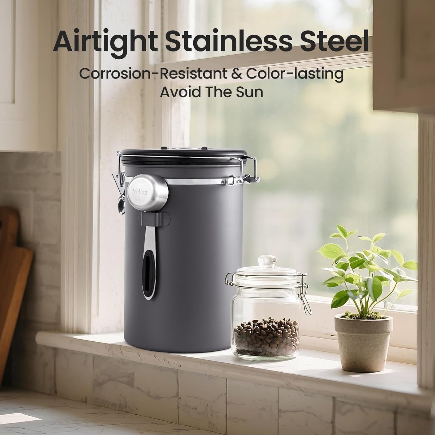 Coffee Canister, Airtight Stainless Steel Kitchen Food Storage Container with Date Tracker and Scoop for Beans, Grounds, Tea, Flour, Cereal, Sugar, Cookie, 16OZ, Cream