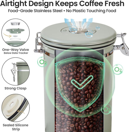 Coffee Canister, Airtight Stainless Steel Kitchen Food Storage Container with Date Tracker and Scoop for Beans, Grounds, Tea, Flour, Cereal, Sugar, Cookie, 16OZ, Cream
