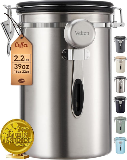 Coffee Canister, Airtight Stainless Steel Kitchen Food Storage Container with Date Tracker and Scoop for Beans, Grounds, Tea, Flour, Cereal, Sugar, Cookie, 16OZ, Cream