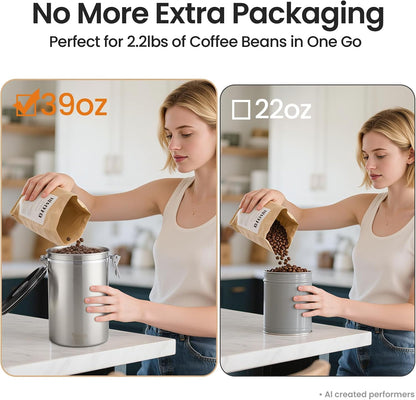 Coffee Canister, Airtight Stainless Steel Kitchen Food Storage Container with Date Tracker and Scoop for Beans, Grounds, Tea, Flour, Cereal, Sugar, Cookie, 16OZ, Cream
