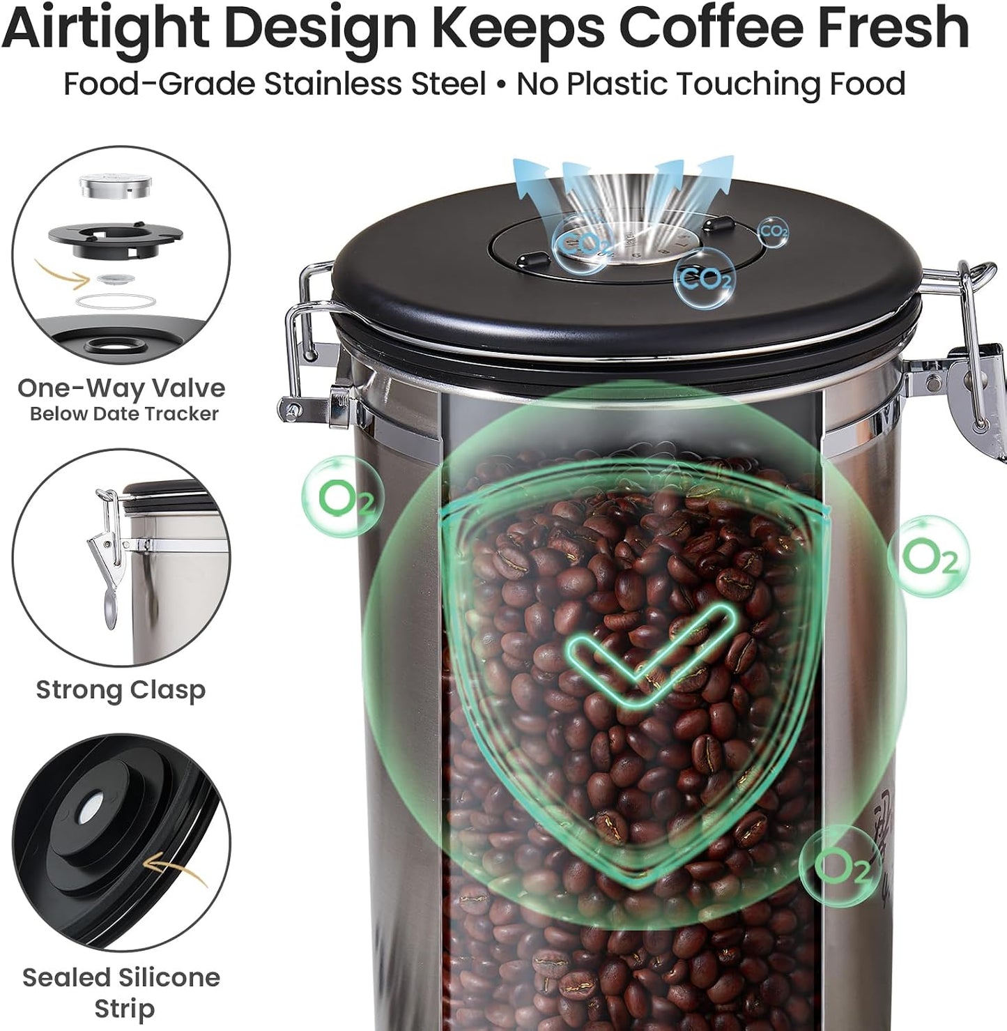 Coffee Canister, Airtight Stainless Steel Kitchen Food Storage Container with Date Tracker and Scoop for Beans, Grounds, Tea, Flour, Cereal, Sugar, Cookie, 16OZ, Cream