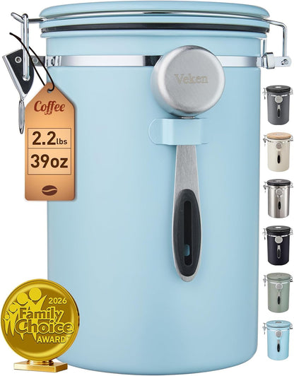 Coffee Canister, Airtight Stainless Steel Kitchen Food Storage Container with Date Tracker and Scoop for Beans, Grounds, Tea, Flour, Cereal, Sugar, Cookie, 16OZ, Cream