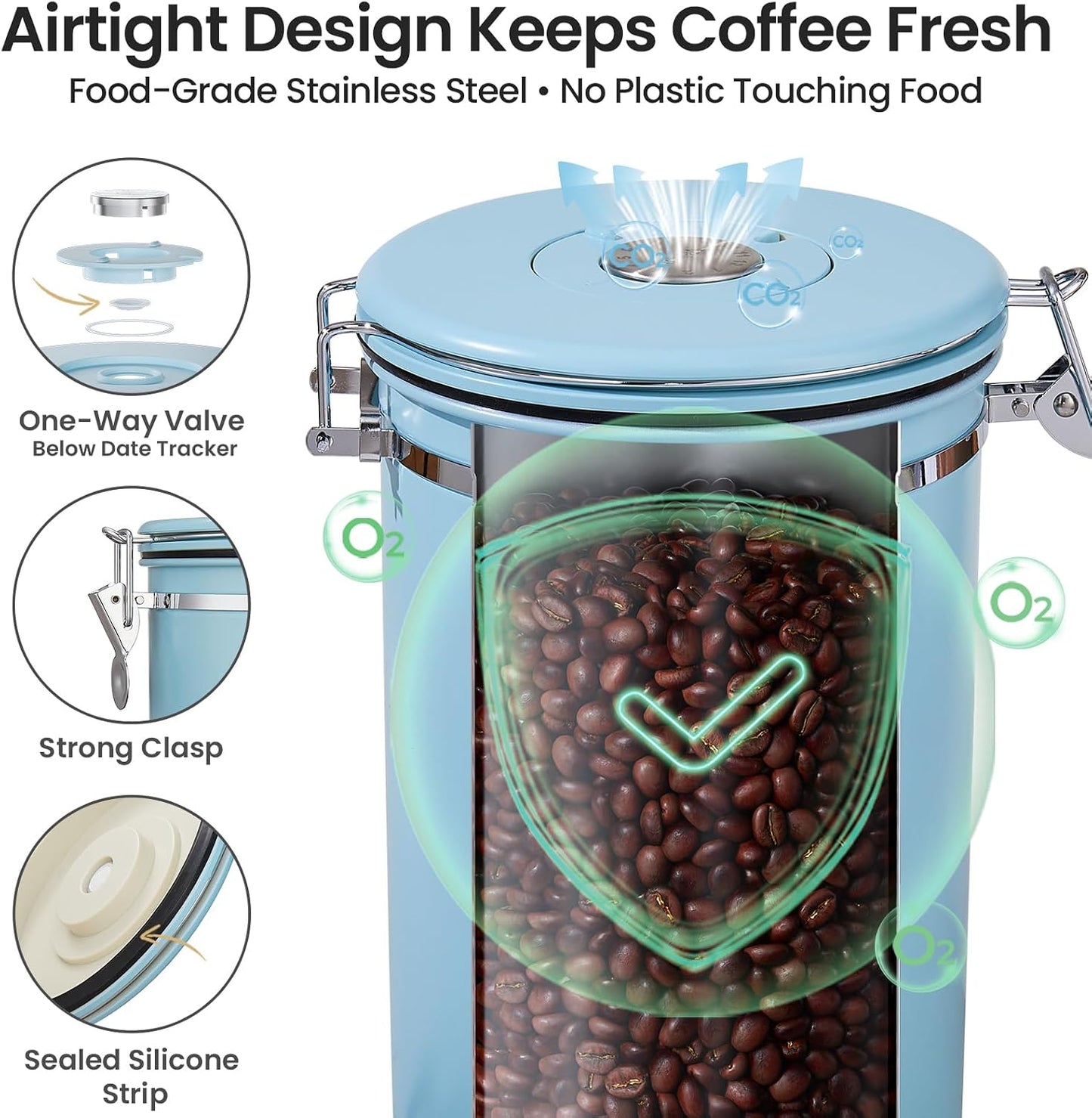 Coffee Canister, Airtight Stainless Steel Kitchen Food Storage Container with Date Tracker and Scoop for Beans, Grounds, Tea, Flour, Cereal, Sugar, Cookie, 16OZ, Cream