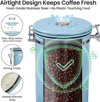 Coffee Canister, Airtight Stainless Steel Kitchen Food Storage Container with Date Tracker and Scoop for Beans, Grounds, Tea, Flour, Cereal, Sugar, Cookie, 16OZ, Cream