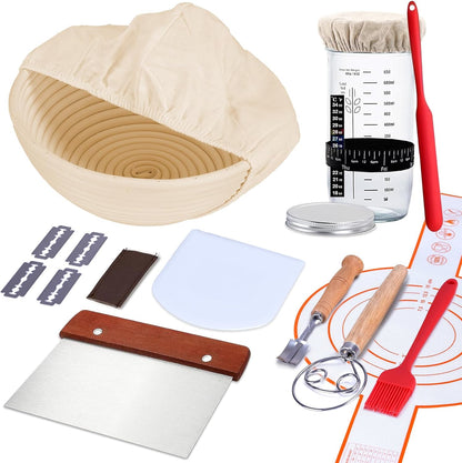 9" Sourdough Starter Kit with Round Banneton Bread Proofing Basket | with Liner, 24 oz Starter Jar, Bread Lame, Dough Whisk & Sourdough Baking Supplies