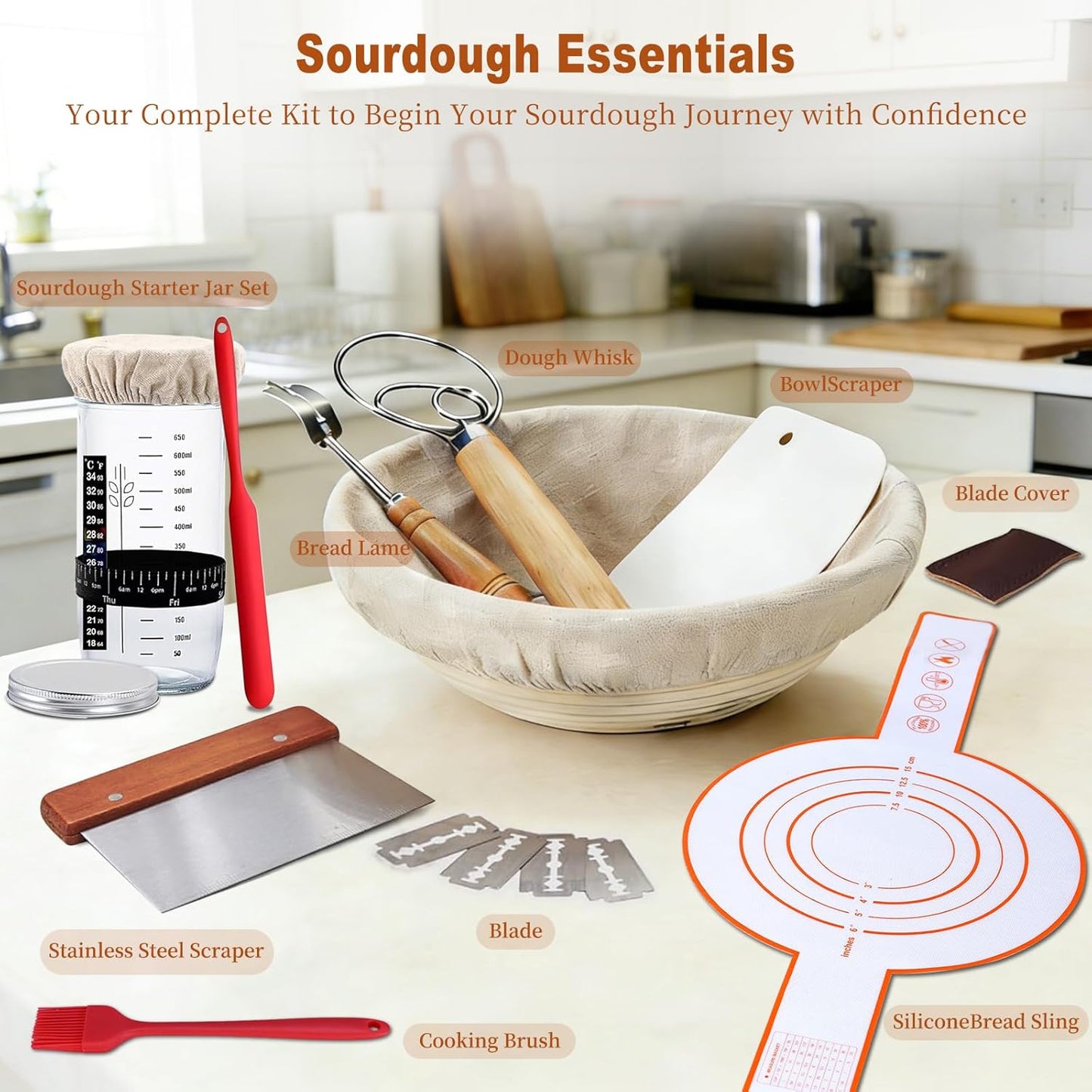 9" Sourdough Starter Kit with Round Banneton Bread Proofing Basket | with Liner, 24 oz Starter Jar, Bread Lame, Dough Whisk & Sourdough Baking Supplies