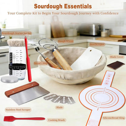 9" Sourdough Starter Kit with Round Banneton Bread Proofing Basket | with Liner, 24 oz Starter Jar, Bread Lame, Dough Whisk & Sourdough Baking Supplies