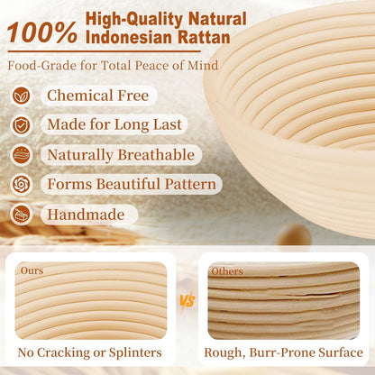 9" Sourdough Starter Kit with Round Banneton Bread Proofing Basket | with Liner, 24 oz Starter Jar, Bread Lame, Dough Whisk & Sourdough Baking Supplies