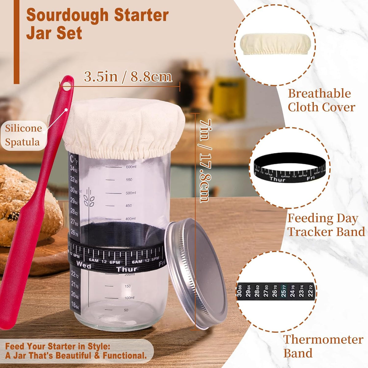 9" Sourdough Starter Kit with Round Banneton Bread Proofing Basket | with Liner, 24 oz Starter Jar, Bread Lame, Dough Whisk & Sourdough Baking Supplies