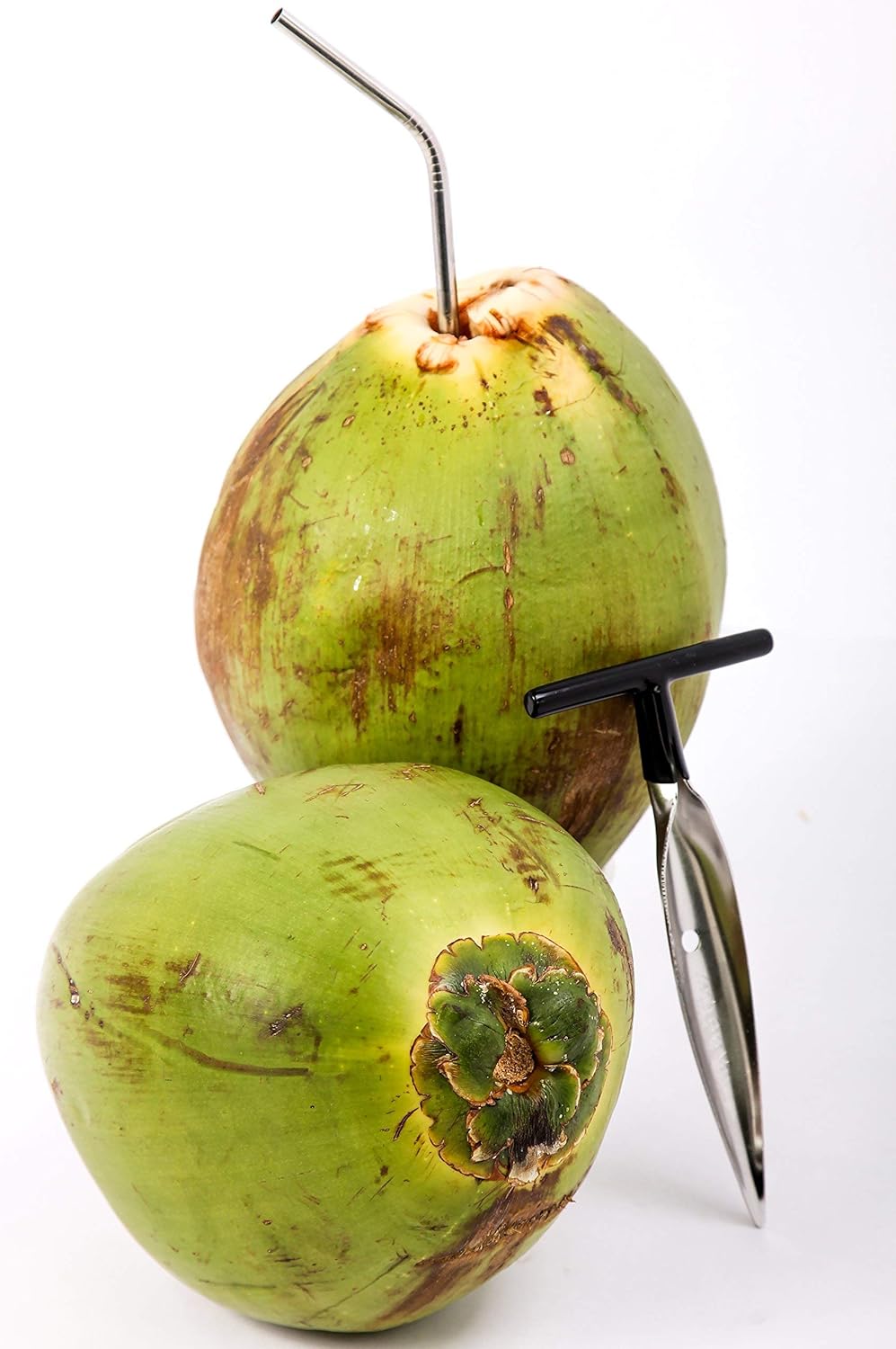 Coconut Opener Tool for Fresh GREEN Young Fruit Black Rubber Handle EZ Easy Grip SAFE + 4 Stainless Steel Drinking Straws (1 CocoMon + 4 Straws)
