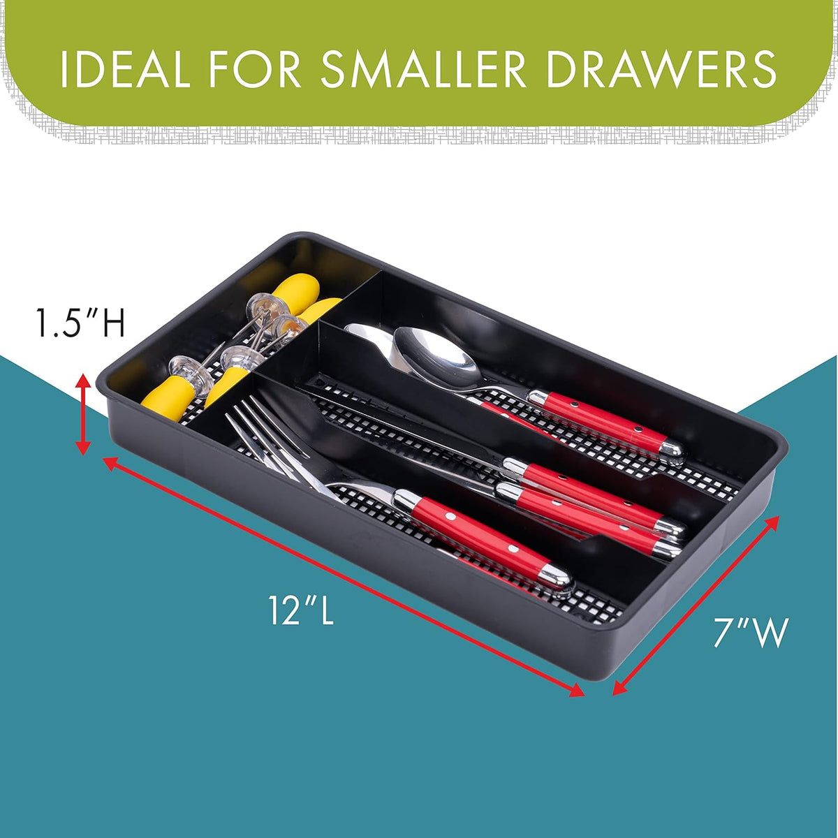 Small Utensil Silverware Kitchen Drawer Organizer, Black | Keeps forks, spoons and flatware neatly separated, Compact fit for shallow drawers, Great for RVs, campers or everyday use
