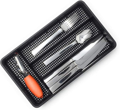 Small Utensil Silverware Kitchen Drawer Organizer, Black | Keeps forks, spoons and flatware neatly separated, Compact fit for shallow drawers, Great for RVs, campers or everyday use