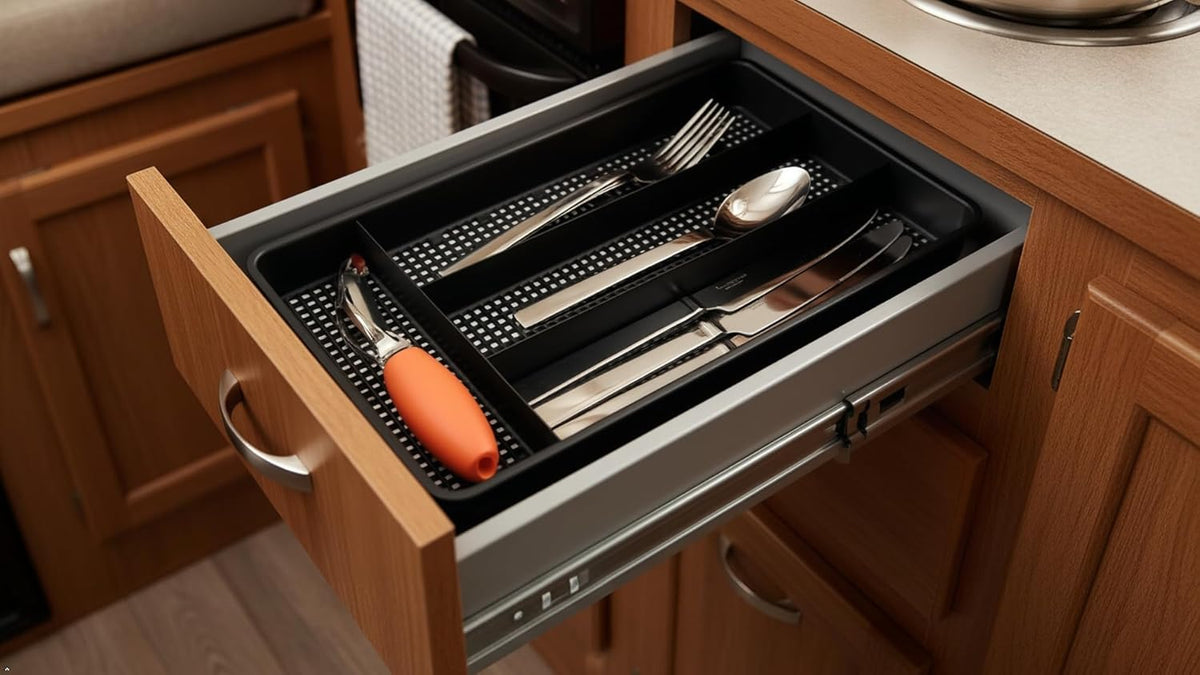 Small Utensil Silverware Kitchen Drawer Organizer, Black | Keeps forks, spoons and flatware neatly separated, Compact fit for shallow drawers, Great for RVs, campers or everyday use
