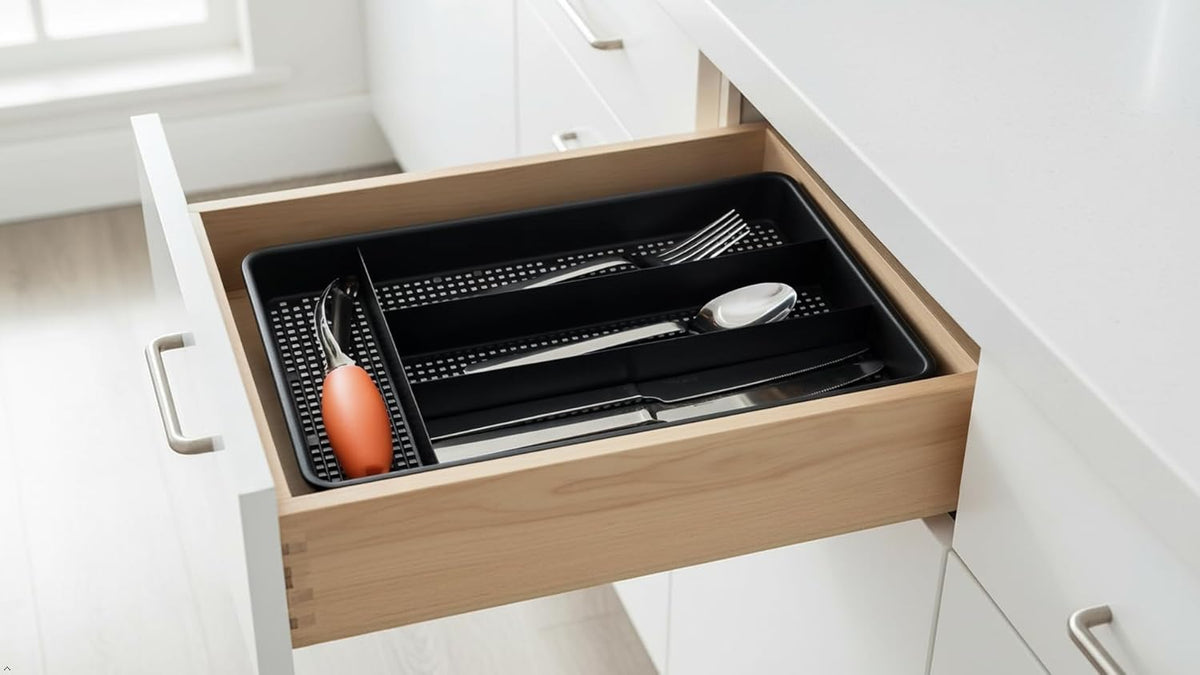 Small Utensil Silverware Kitchen Drawer Organizer, Black | Keeps forks, spoons and flatware neatly separated, Compact fit for shallow drawers, Great for RVs, campers or everyday use