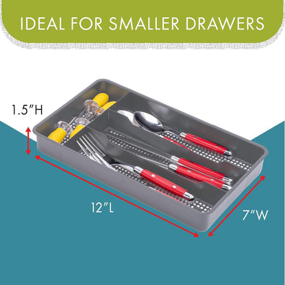 Small Utensil Silverware Kitchen Drawer Organizer, Black | Keeps forks, spoons and flatware neatly separated, Compact fit for shallow drawers, Great for RVs, campers or everyday use