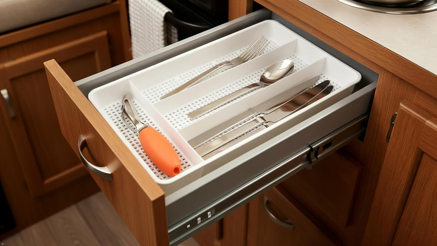 Small Utensil Silverware Kitchen Drawer Organizer, Black | Keeps forks, spoons and flatware neatly separated, Compact fit for shallow drawers, Great for RVs, campers or everyday use