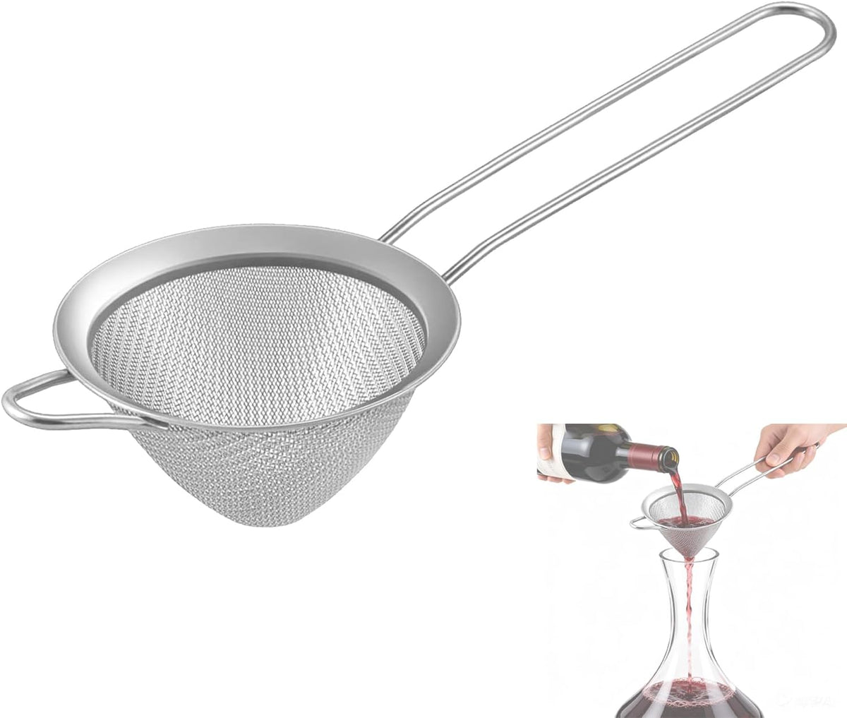 Wine Strainer for Sediment, Fine Mesh Strainer for Kitchen, Made of 304 Stainless Steel, for Smoother Taste, No-Rust, Cone Shape with Rest and Long Handle, Ideal for Wine Decanter, Silver