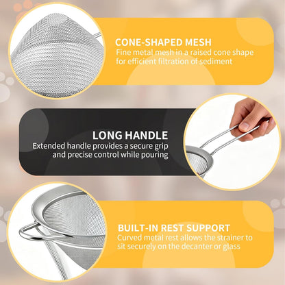 Wine Strainer for Sediment, Fine Mesh Strainer for Kitchen, Made of 304 Stainless Steel, for Smoother Taste, No-Rust, Cone Shape with Rest and Long Handle, Ideal for Wine Decanter, Silver