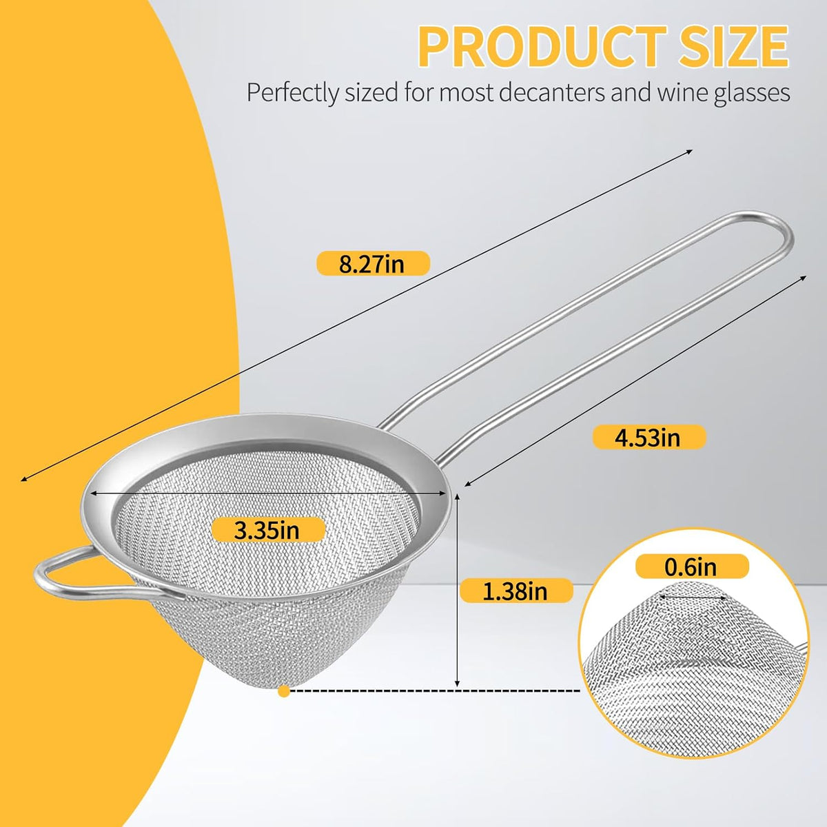 Wine Strainer for Sediment, Fine Mesh Strainer for Kitchen, Made of 304 Stainless Steel, for Smoother Taste, No-Rust, Cone Shape with Rest and Long Handle, Ideal for Wine Decanter, Silver