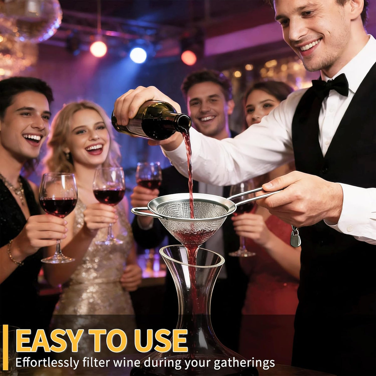Wine Strainer for Sediment, Fine Mesh Strainer for Kitchen, Made of 304 Stainless Steel, for Smoother Taste, No-Rust, Cone Shape with Rest and Long Handle, Ideal for Wine Decanter, Silver