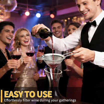 Wine Strainer for Sediment, Fine Mesh Strainer for Kitchen, Made of 304 Stainless Steel, for Smoother Taste, No-Rust, Cone Shape with Rest and Long Handle, Ideal for Wine Decanter, Silver