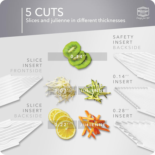 Mandoline Food Slicer V1 (Profi Set) by Reston Lloyd • V-Slicer with 4 Inserts, Docking Station & Food Holder • Made in Germany • Fruit & Vegetable Chopper • Multiple Settings • Color: White