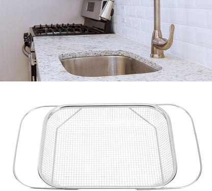 Over The Sink Colander Strainer Basket Stainless Steel for Kitchen Sink with Handles Fine Mesh Expandable Kitchen Essentials Rectangle (Gold)
