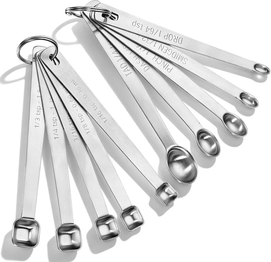 10 PCS Stainless Steel Teaspoon, Mini Measuring Spoons Set, for Small Dry & Liquid Ingredients, 1/3, 1/4, 1/8, 1/16, 3/16 tsp with Keyring for Cooking and Baking (Square, Round)