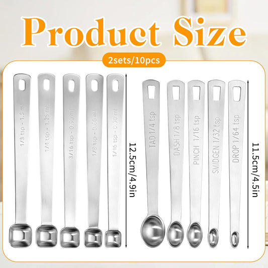 10 PCS Stainless Steel Teaspoon, Mini Measuring Spoons Set, for Small Dry & Liquid Ingredients, 1/3, 1/4, 1/8, 1/16, 3/16 tsp with Keyring for Cooking and Baking (Square, Round)