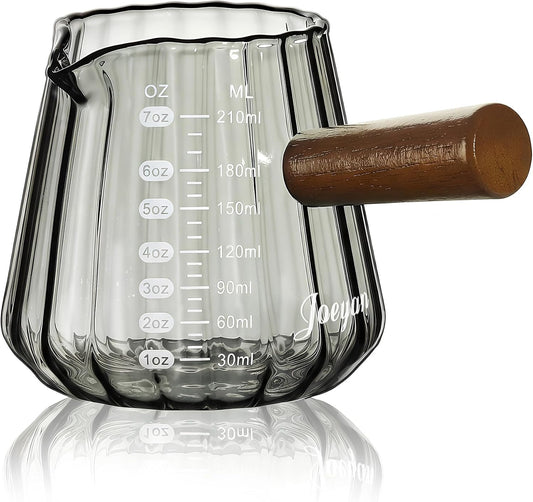 Joeyan 7 oz Espresso Cups, Glass Measuring Cup, Espresso Shot Cup with Spout and Wood Handle, Gray Espresso Shot Glass, Ribbed Milk Frothing Pitcher, Espresso Machine Coffee Bar Accessories