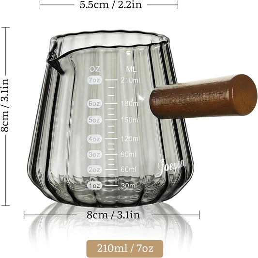 Joeyan 7 oz Espresso Cups, Glass Measuring Cup, Espresso Shot Cup with Spout and Wood Handle, Gray Espresso Shot Glass, Ribbed Milk Frothing Pitcher, Espresso Machine Coffee Bar Accessories