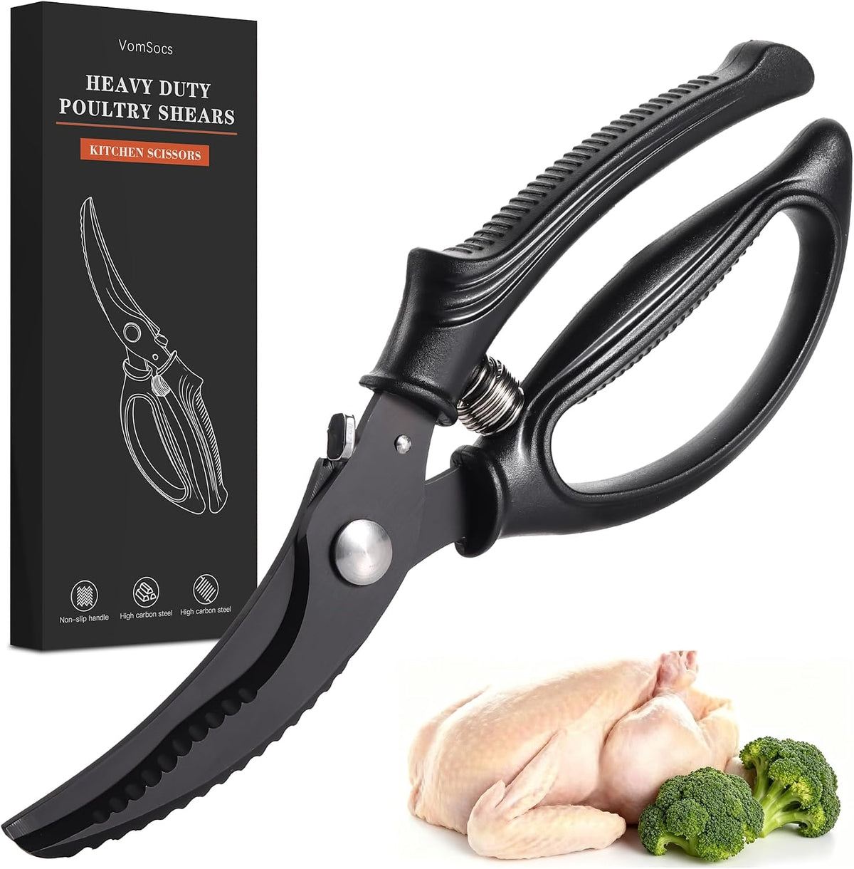 Poultry Shears, Kitchen Shears with Spring Loaded, Heavy Duty Poultry Scissors for Meat, Chicken,Turkey, Anti-Slip Handle,Safety Lock,Dishwasher Safe