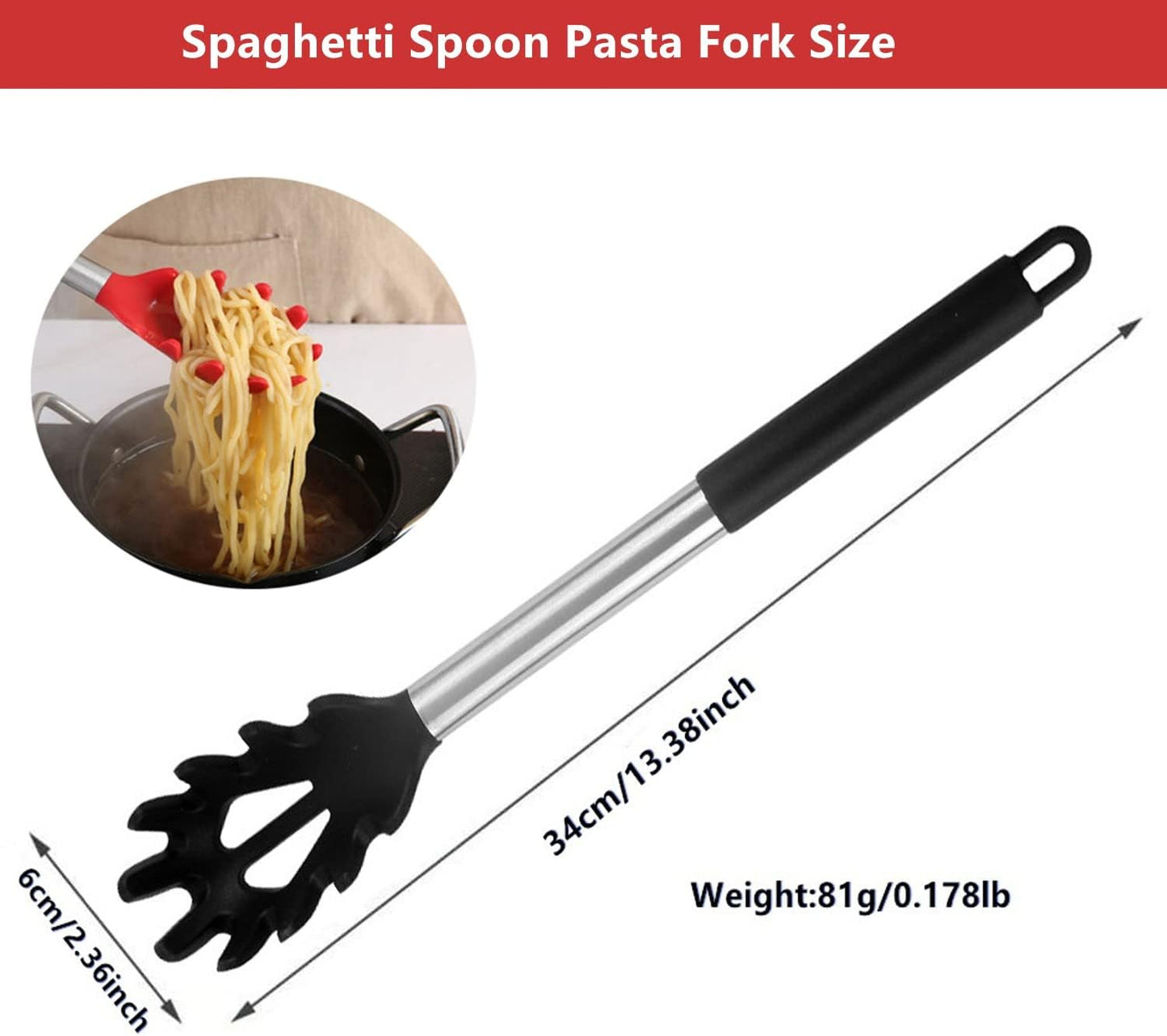 Silicone Pasta Fork,Spaghetti Spoon Kitchen High Heat Resistant Noodle Spoon Server,Food Grade Pasta Spoon with Stainless Steel Handle (Black)