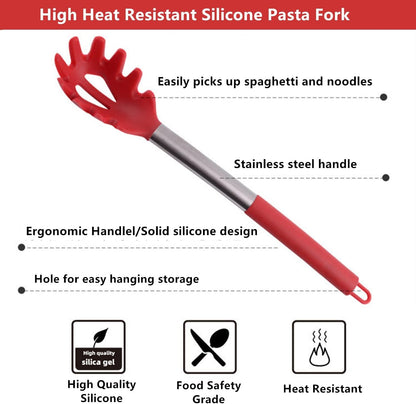 Silicone Pasta Fork,Spaghetti Spoon Kitchen High Heat Resistant Noodle Spoon Server,Food Grade Pasta Spoon with Stainless Steel Handle (Black)